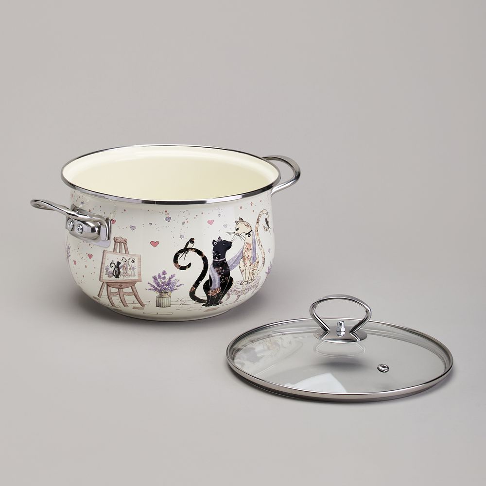 КАСТРЮЛЯ AGNESS ЭМАЛИРОВАННАЯ СО СТЕКЛЯННОЙ КРЫШКОЙ СЕРИЯ "LAVENDER CATS", 3,8 Л ДИА. 22СМ