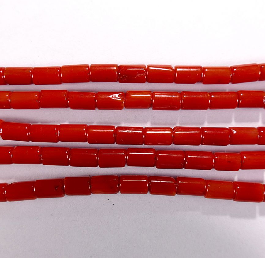 Нить бусин из коралла красного, облагороженного, фигурные, 4x6 мм (цилиндр, гладкая)