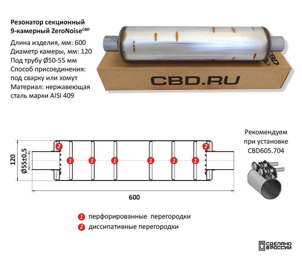 Резонатор ZeroNoise под трубу D55 Нержавеющий AISI 409 CBD512108