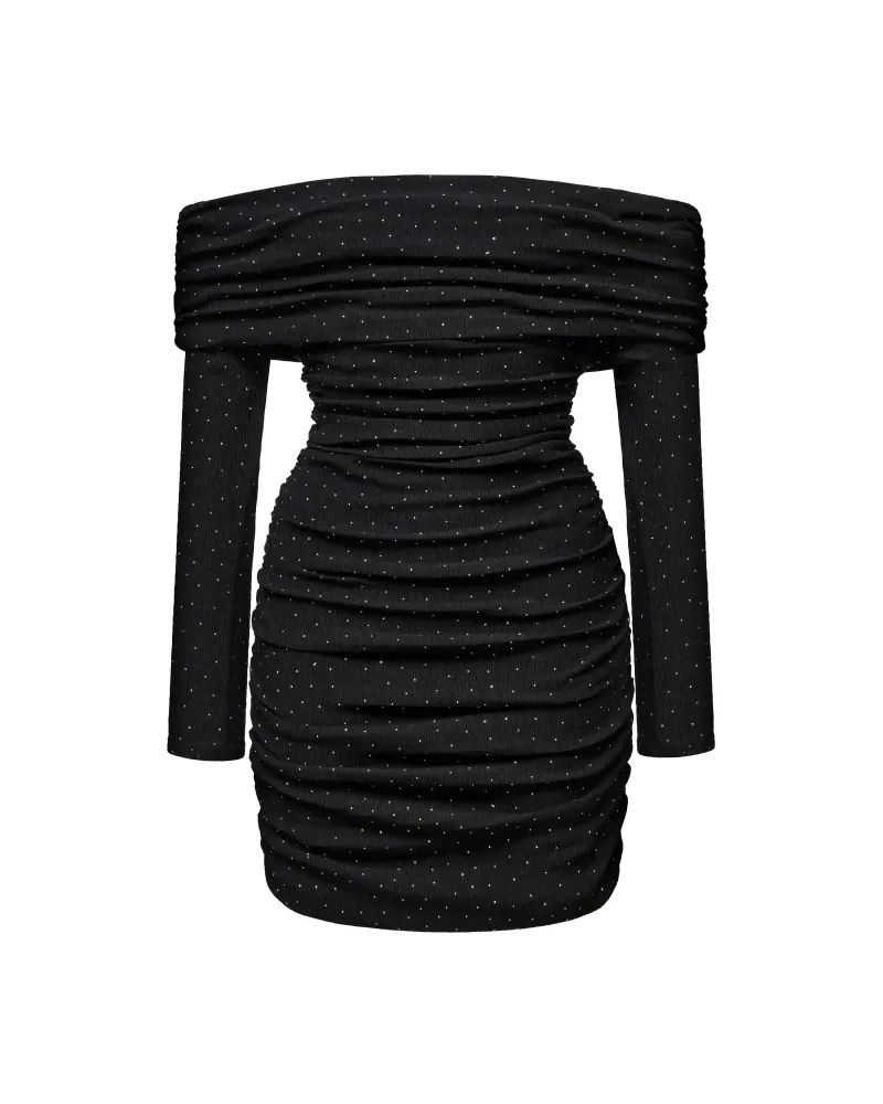 Iry mini, платье мини с длинным рукавом из черного бифлекса со стразами драпированное