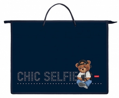 Папка для тетрадей Пластиковая А3ф Hatber 1 отделение с РУЧКАМИ 345х460х50мм на молнии-Мишка_SELFIE-