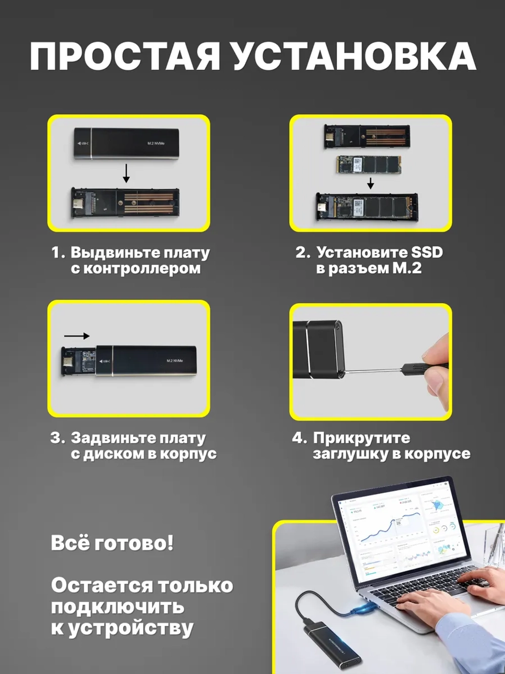 Корпус m2 для SSD NVME , USB 3.1 Gen2, Type-C