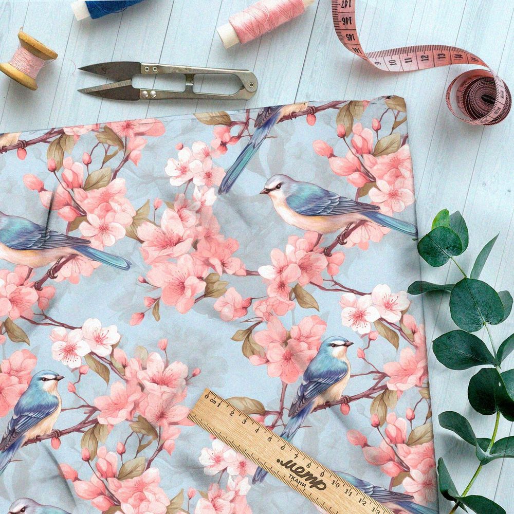 Ткань премиум таффета птицы в цветущей яблоне