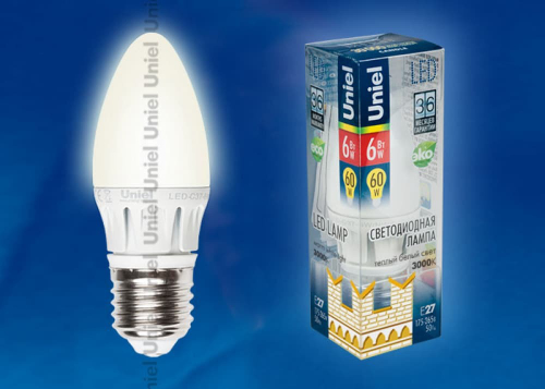 LED-C37-6W/WW/E27/FR ALM01WH Лампа светодиодная. Форма свеча, матовая колба. Материал корпуса алюминий. Цвет свечения теплый белый. Серия Merli. Упа