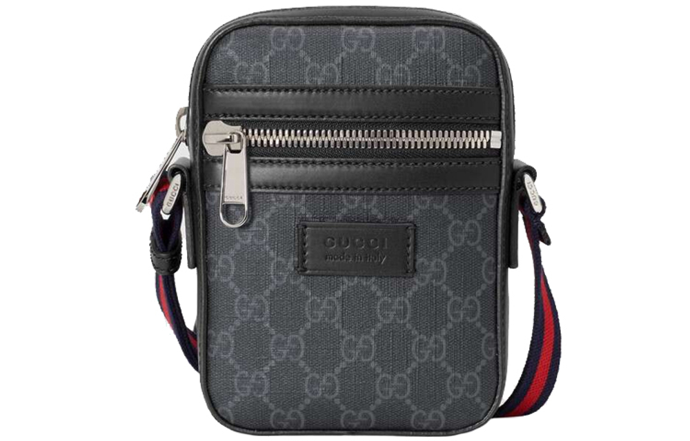 GUCCI Canvas With Leather Messenger Bag, Shoulder Bag, Crossbody Bag Men"s Black Gray