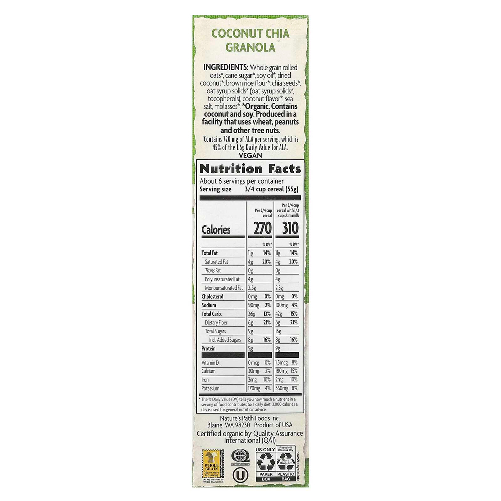 Nature's Path, Органическая гранола с кокосом и чиа, 350 г (12.34 oz)