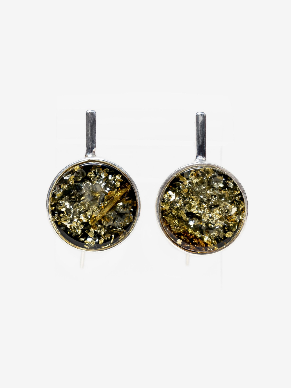 Серебряные серьги с цельным зеленым янтарем (19 мм), серебро 925 пробы