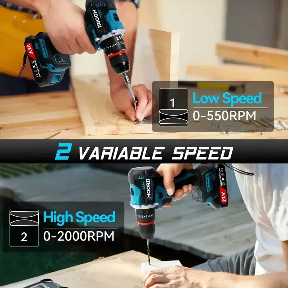 MOORII Шуруповерт, 21 В, 100 Нм, 2 АКБ