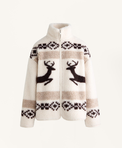 Oysho Куртка из искусственной овчины с оленями и высоким воротником, экрю