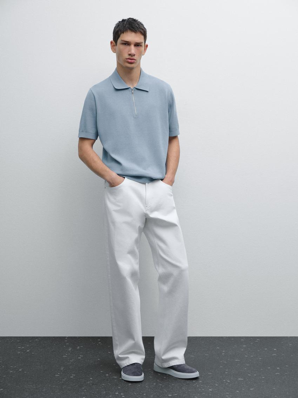 Massimo Dutti Поло с короткими рукавами из рельефной ткани, небесно-голубой