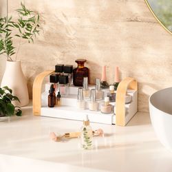 Полка для специй трехъярусная раздвижная Bellwood, белая/натуральное дерево
