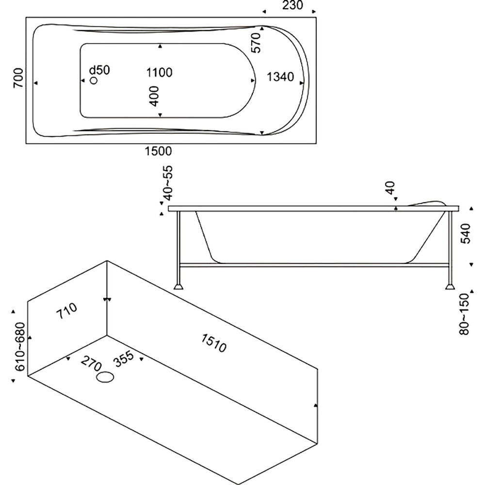 Акриловая ванна Bas (Бас) Верона 150x70, с каркасом