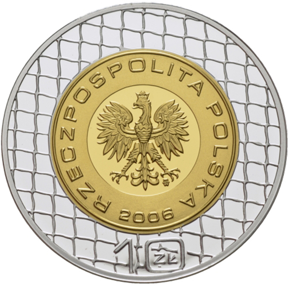 10 злотых. Чемпионат мира по футболу в Германии. Польша. 2006 г. Серебро с позолотой
