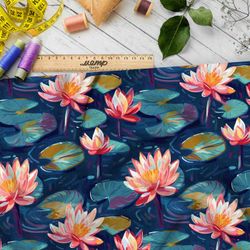 Ткань премиум интерлок кувшинки на пруду
