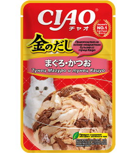 Inaba Ciao Kinnodashi для кошек, тунец магуро и тунец кацуо с куриным филе 60гр.