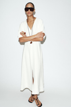 ZARA ПЛАТЬЕ МИДИ С ОБЪЕМНЫМИ РУКАВАМИ, ЖЕЛТОВАТО-БЕЛЫЙ