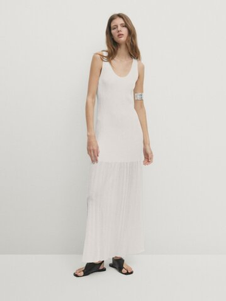 Massimo Dutti Длинное комбинированное платье на бретелях, белый