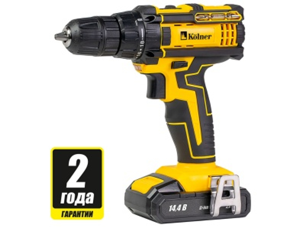 Дрель-шуруповерт аккумуляторная Kolner KCD 14,4В 0-400/0-1450 об/мин 27Нм 2Ач 2 скорости (1аккум) Х
