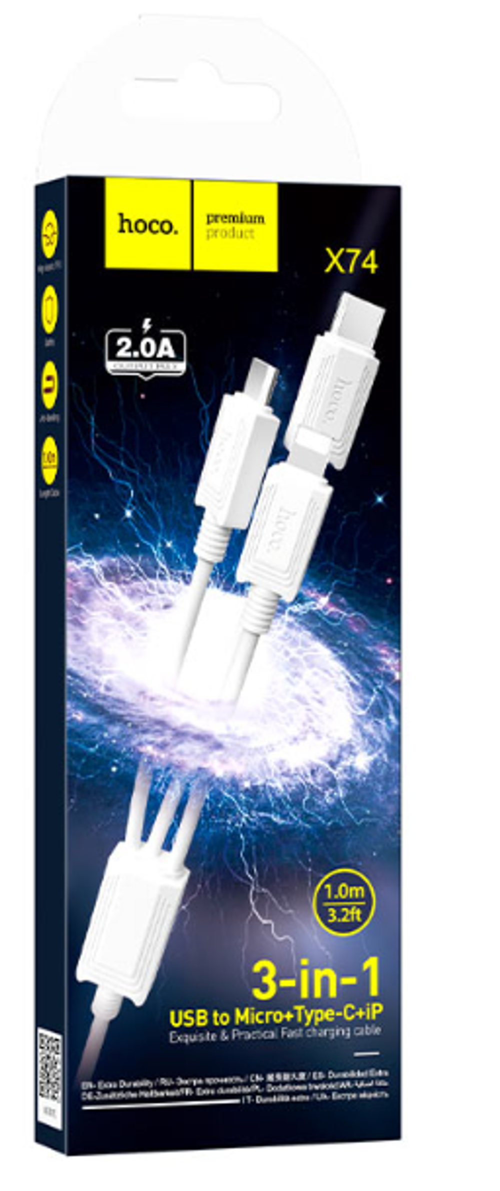 Кабель 3-in-1 HOCO X74 MicroUSB+Lightning+Type-C 2A 1м PVC White