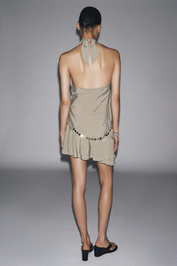 ZARA КОРОТКОЕ ПЛАТЬЕ-ХАЛТЕР В ПОЛОСКУ С ПОЯСОМ, БЕЖЕВО-КОРИЧНЕВЫЙ