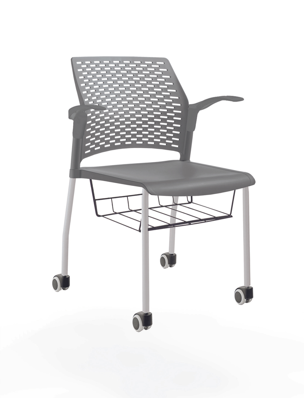 стул Rewind на 4 ногах и колесах, каркас серый, пластик серый, с открытыми подлокотниками, с подседельной корзиной, сиденье и спинка без обивки