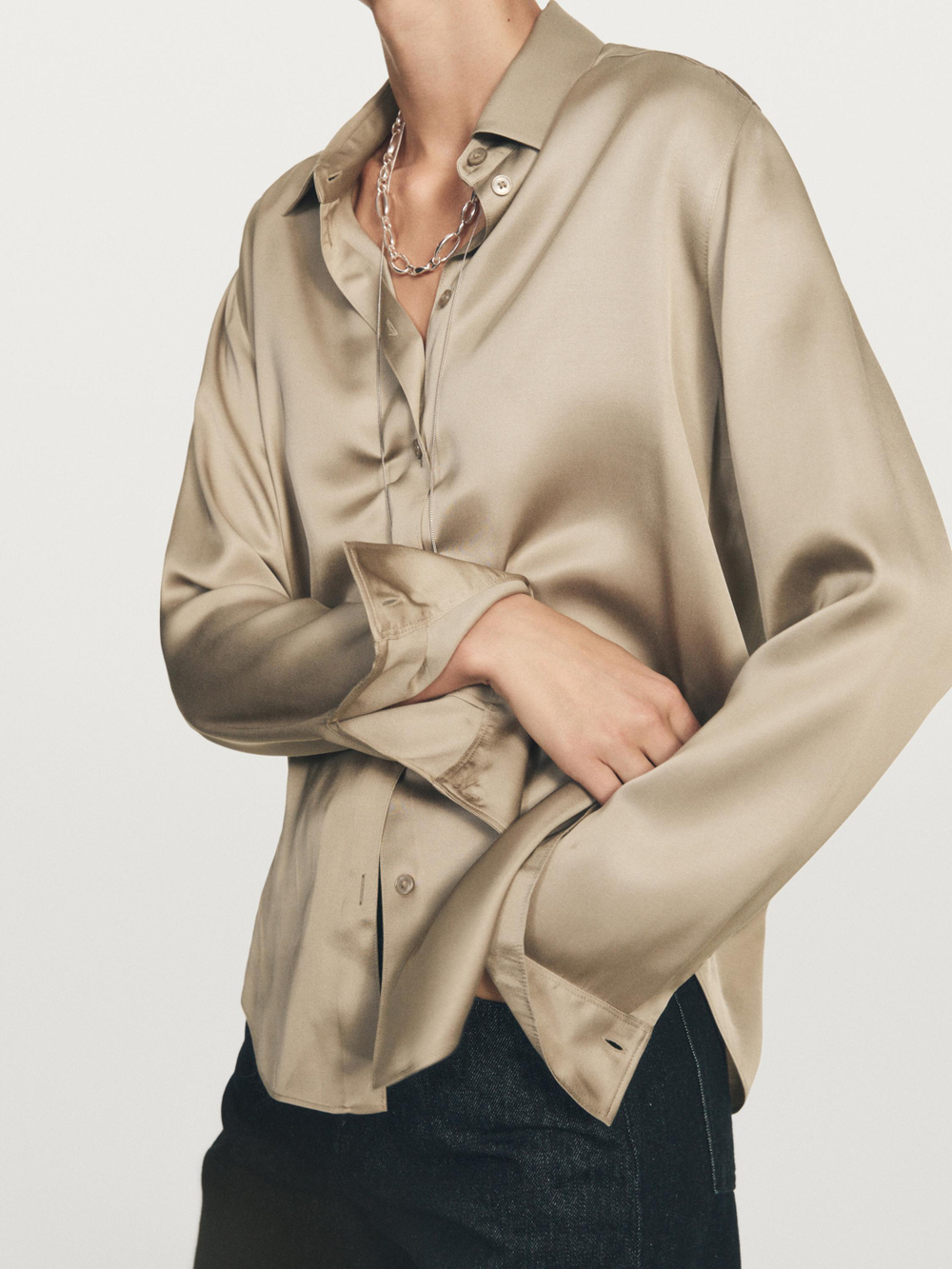 Massimo Dutti Струящаяся атласная рубашка, бежевый