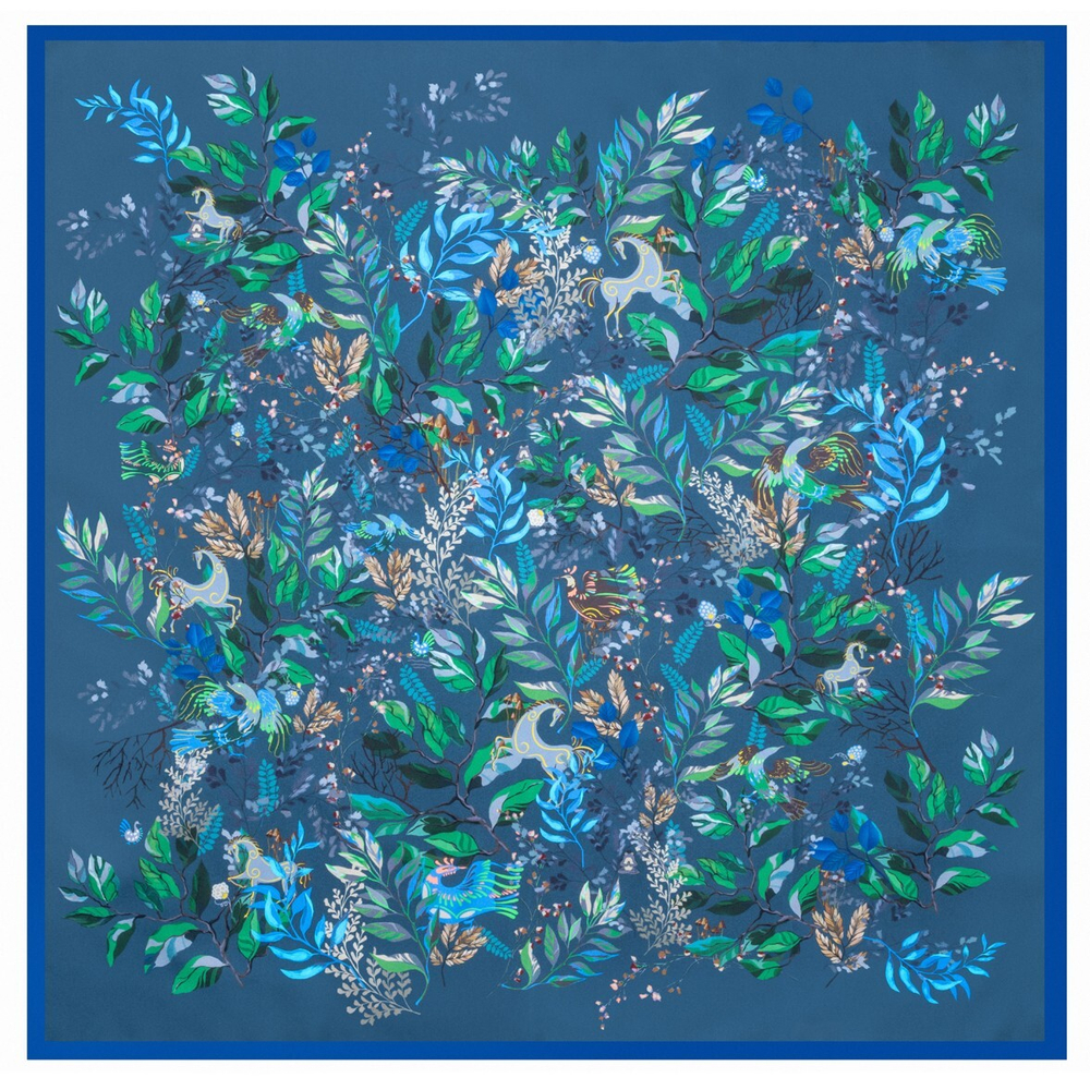 Шелковый платок 90x90 Mollen Таинственный лес темно-бирюзовый