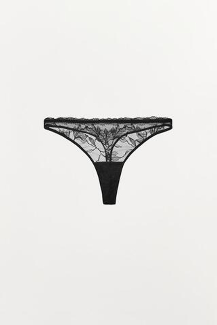 ZARA ТРУСЫ ТАНГА С ЦВЕТОЧНОЙ ВЫШИВКОЙ, ЧЕРНЫЙ