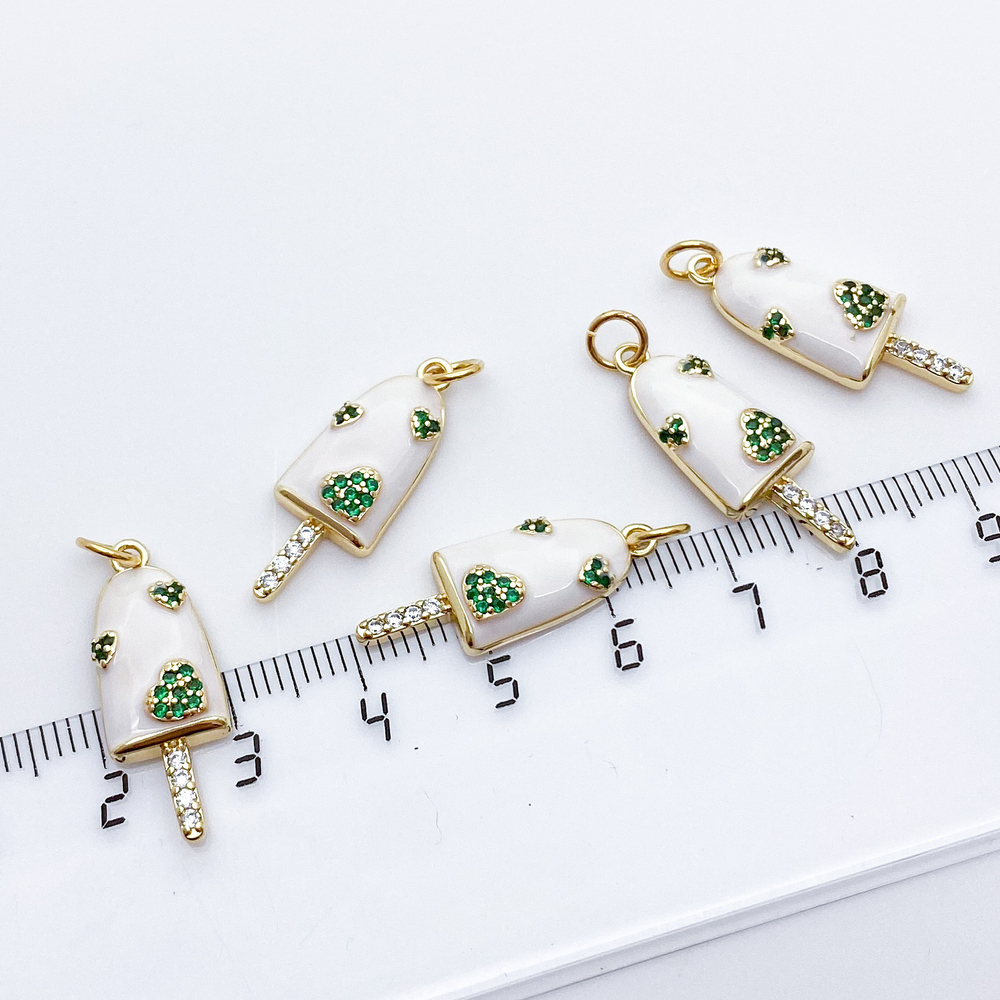 Подвеска Мороженое эскимо, цвет белый+зеленый+золото, размер 25*9 мм, цена за 1 шт