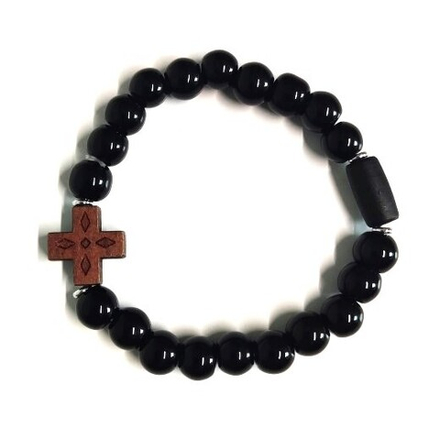 Четки-браслет 20 из черного камня с крестом, d=8 мм (Сад)