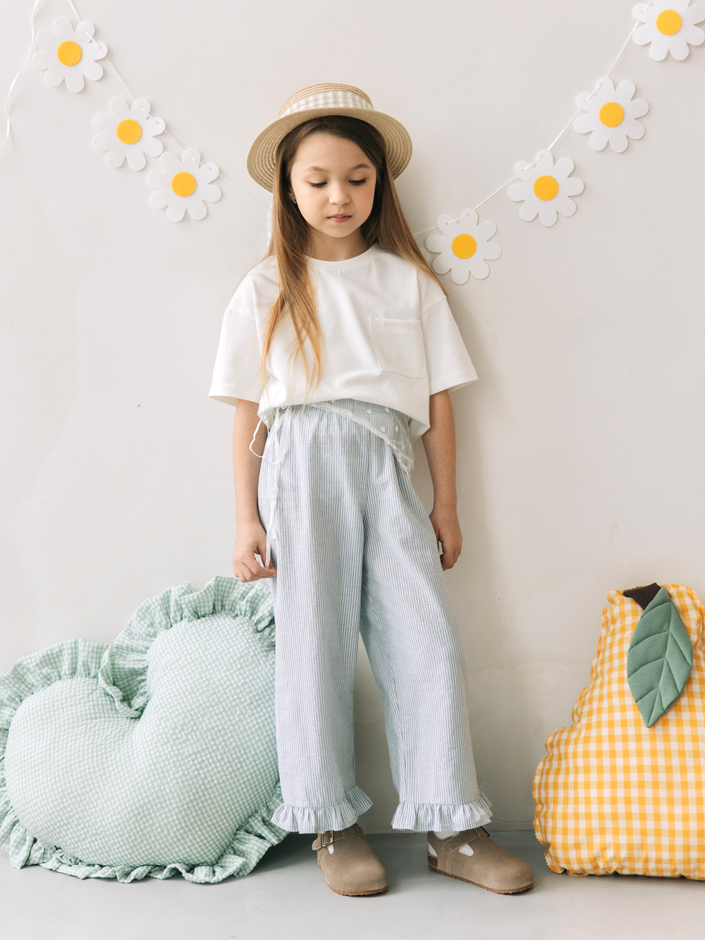 Брюки в полоску с рюшами, Голубой
