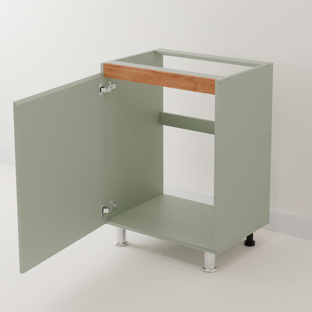 Кухонный модуль напольный под мойку 60 см Малага, с дубовой панелью, на ножках / зеленый самшит, массив дуба