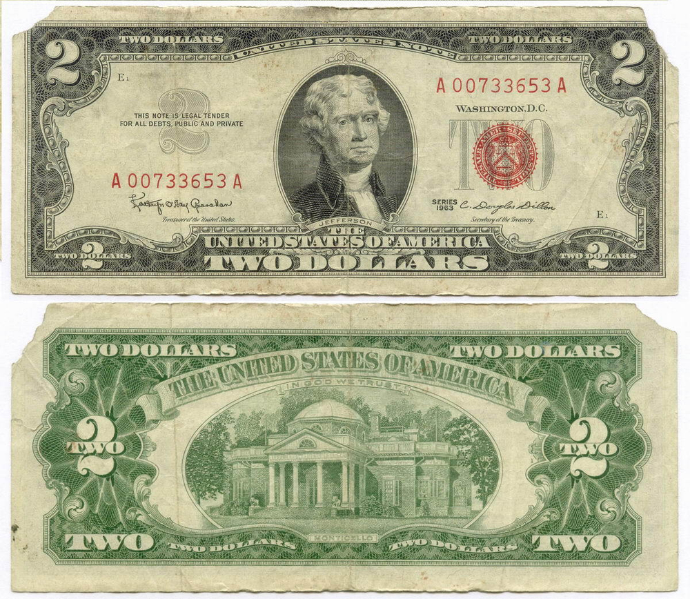 Банкнота США 2 доллара 1963 A 00733653 A. G-