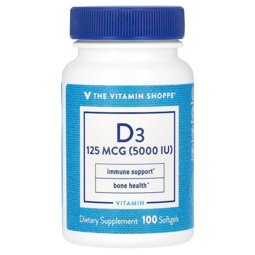 The Vitamin Shoppe, витамин D3, 125 мкг (5000 МЕ), 100 мягких таблеток