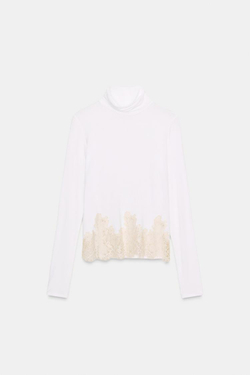ZARA КОМБИНИРОВАННАЯ ФУТБОЛКА С КРУЖЕВОМ, ЖЕЛТОВАТО-БЕЛЫЙ