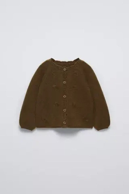 ZARA КАРДИГАН С ВЫШИТЫМИ ЦВЕТАМИ, ТЕМНО-ЗЕЛЕНЫЙ