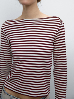 Massimo Dutti Футболка в полоску с деталью внахлест на плечах, бургундский