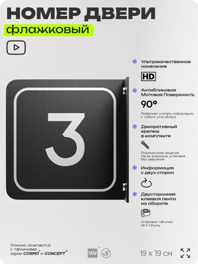 Табличка флажковая с номером 3 на дверь квартиры, для офиса, кабинета, аудитории, склада, черная двустороняя 19х19 см, Айдентика Технолоджи