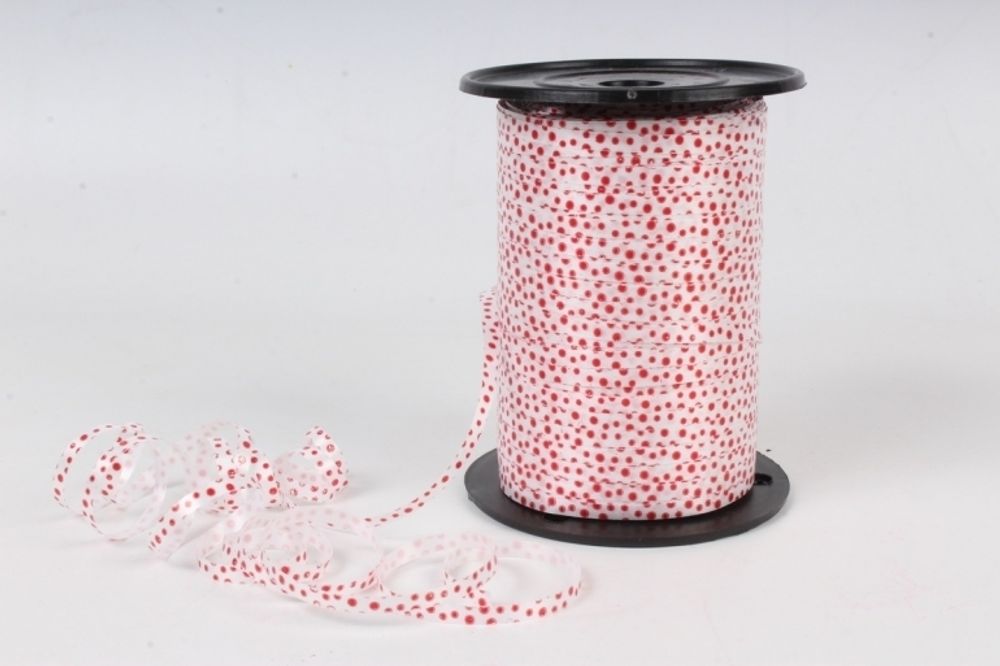 Лента простая (0,5см*500м) Красный горошек на белом, 1 шт.