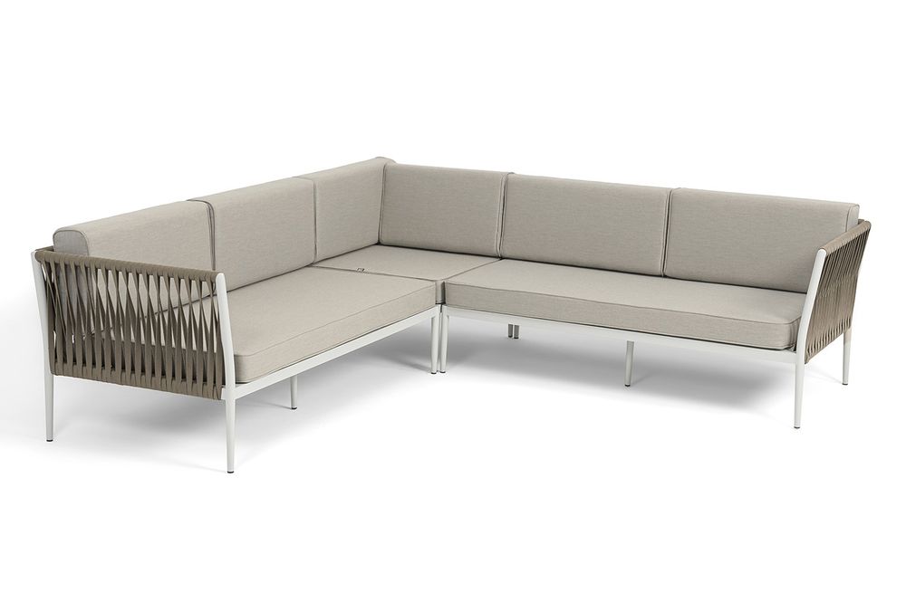 "Касабланка" диван модульный плетеный из роупа, каркас алюминий, роуп серо-коричневый 23мм, ткань бежевая 15052