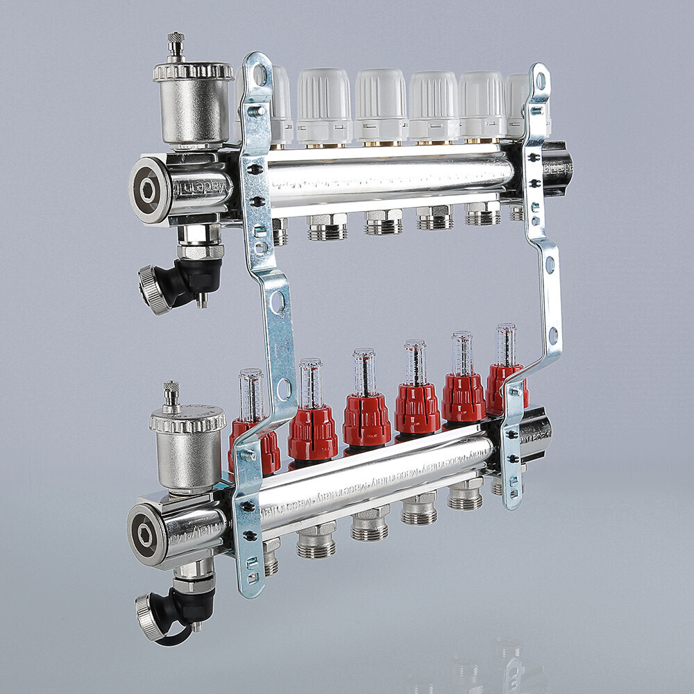 Коллекторный блок VALTEC латунный с регулировочными клапанами и расходомерами 1 1/4", 10 x 3/4", "евроконус"