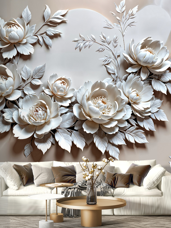 3D Объемные фотообои цветы пионов бежевые