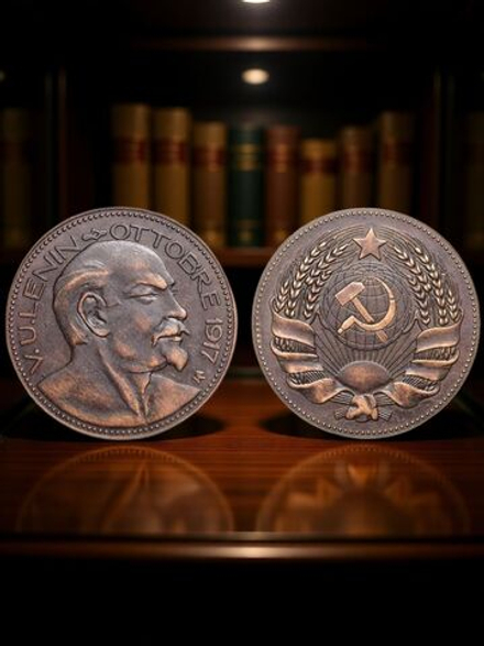 Медаль Италии В.И. Ленин. Октябрь 1917 год. Октябрьская революция в России. Герб СССР. Копия медь патина