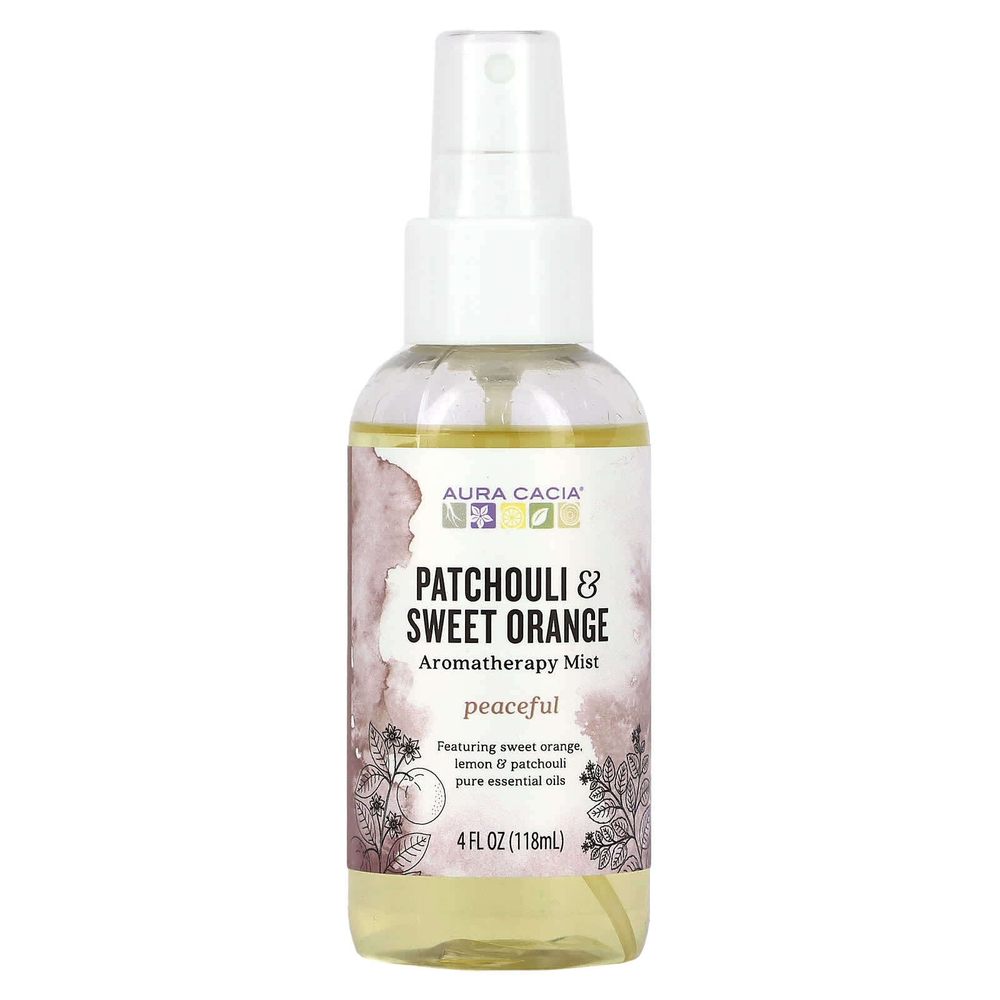 Aura Cacia, Спрей для комнаты и тела для ароматерапии, успокаивающие пачули и сладкий апельсин, 118 мл (4 жидк. унц.)