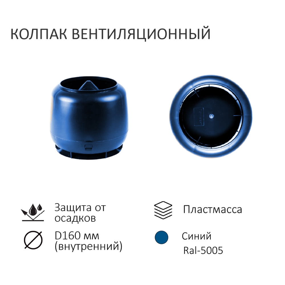 Комплект вентиляции: Вентиляционный выход изолированный D125/160 утепленный высота H=500 мм, проходной элемент PROF-35 для металлопрофиля кровельного профнастила 35мм, колпак вентиляционный D160 мм, синий