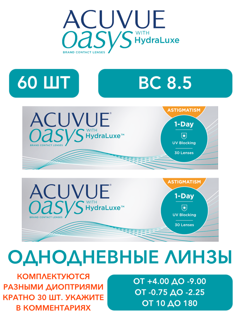 Однодневные астигматические контактные линзы Acuvue Oasys 1-Day for Astigmatism (комплект 60 линз)
