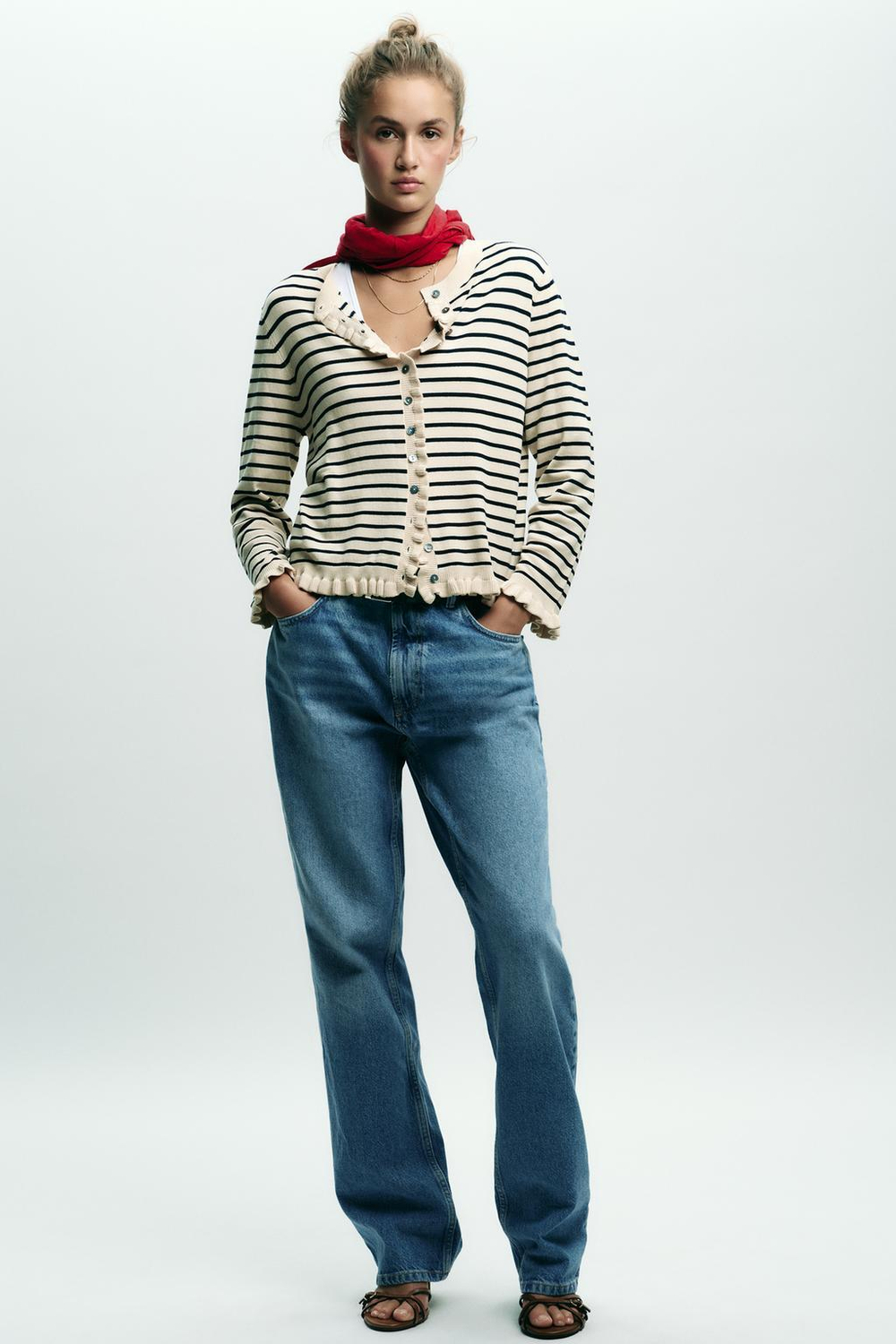 ZARA ТРИКОТАЖНЫЙ КАРДИГАН С ВОЛАНАМИ, ПОЛОСКИ