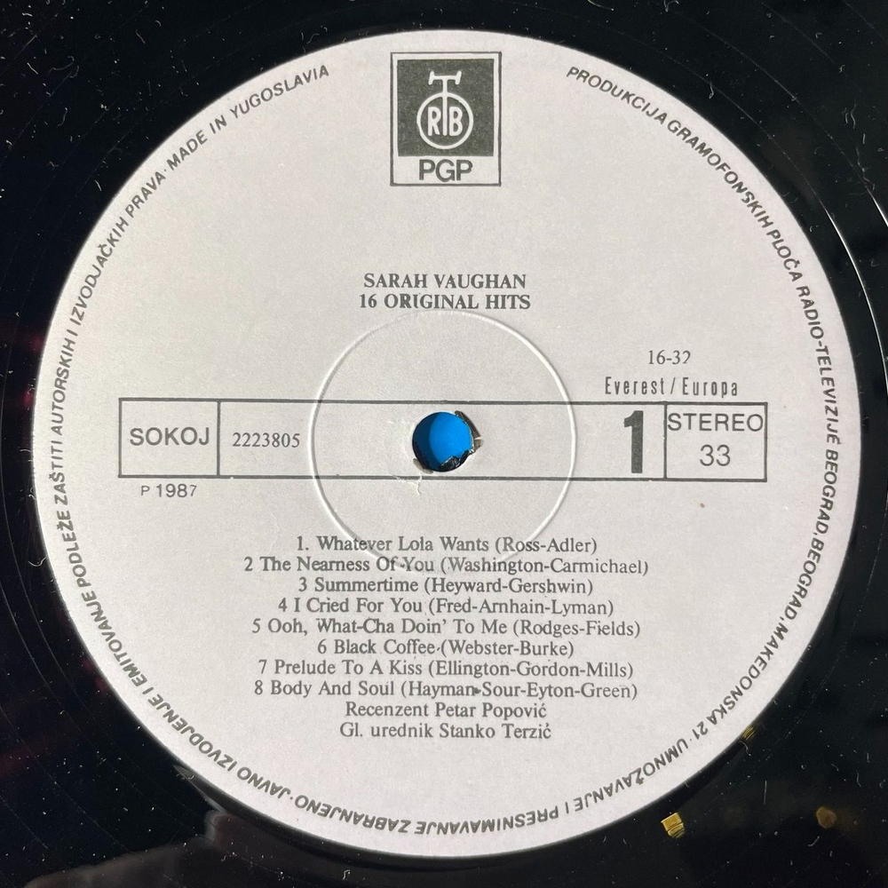Винтажная виниловая пластинка LP Sarah Vaughan 16 Original Hits (Югословакия 1987)