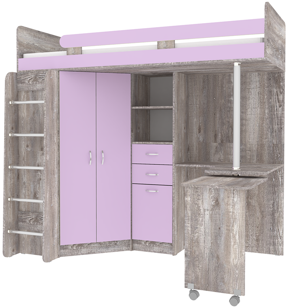 Кровать-чердак КарИВи Юниор 3 с металлической лестницей Бетон Ирис