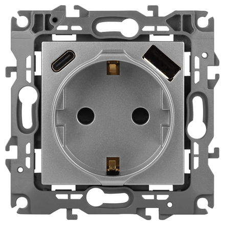 Розетка ЭРА Серия 12 12-4108-03 2P+E 16A-250В со шторками с USB type-A+C 5В-3А алюминий